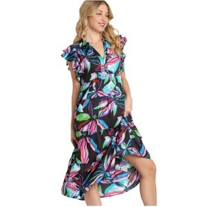 Umgee Green Blue Black Leaf Print Tiered Ruffle‎ Dress NWT Size XL